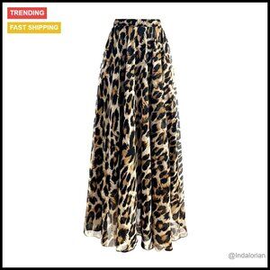 Leopard Print High Waist Ruffled Pleated Flowy Long Skirt Y2K Goth